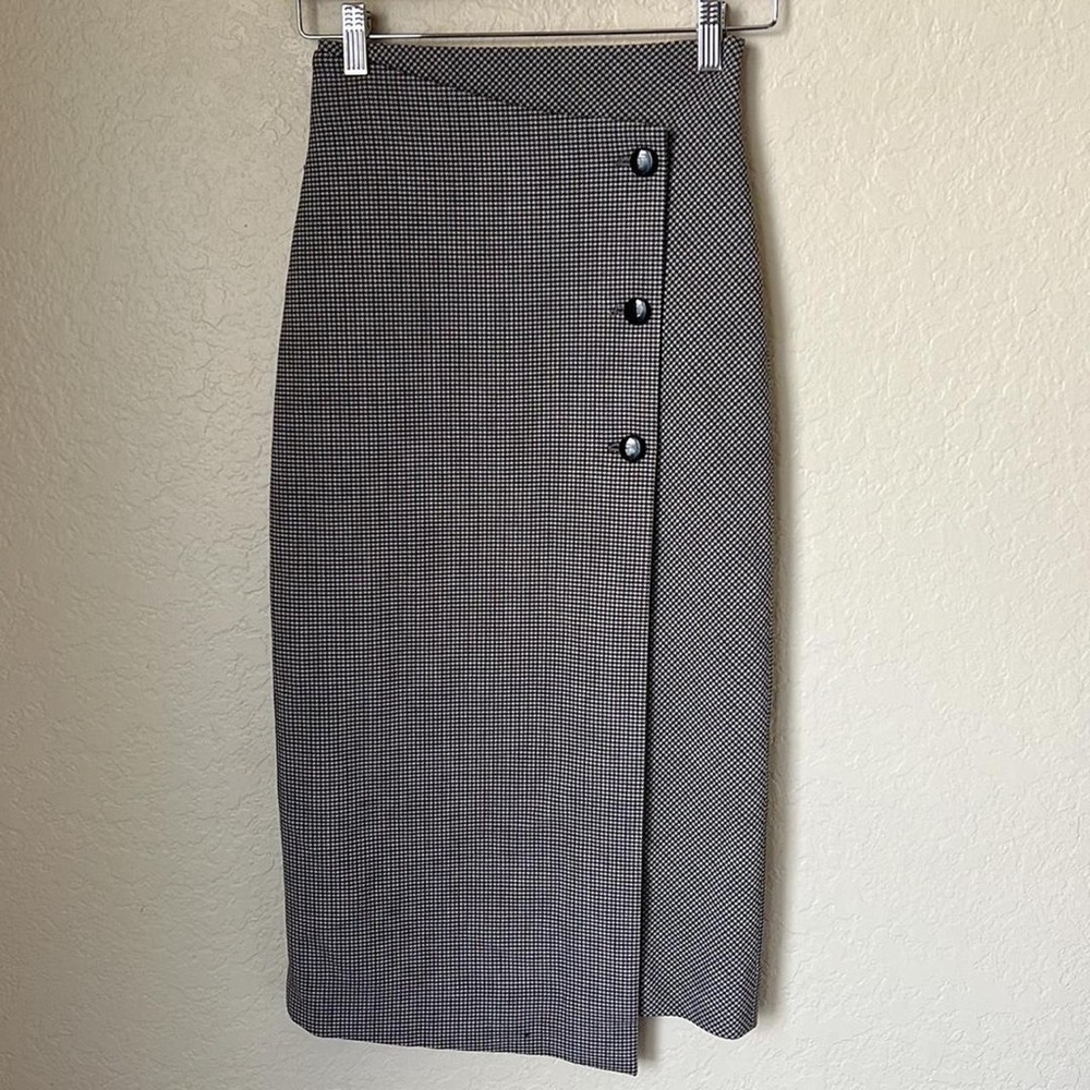 NWT Babaton Billy Skirt - Grey and Navy Houndstooth Midi Pencil Skirt Wrap Style